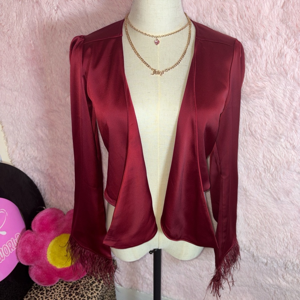 Burgundy Open-Front Feather Trim cardigan